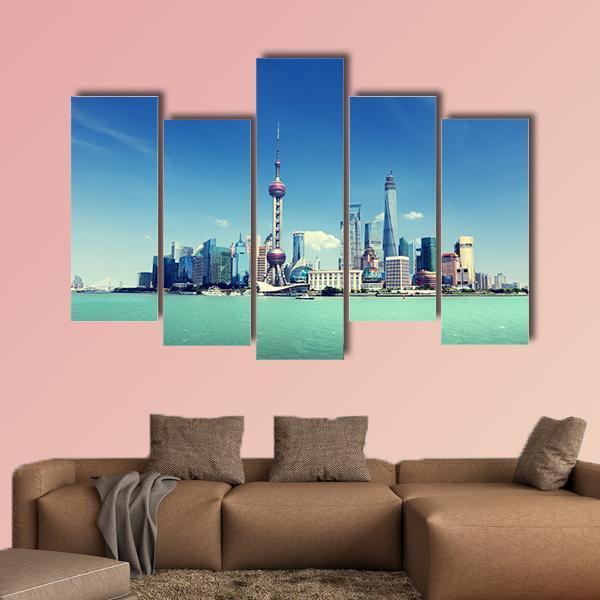 Shanghai Skyline And Sunny Day Canvas Wall Art-5 Pop-Gallery Wrap-47" x 32"-Tiaracle