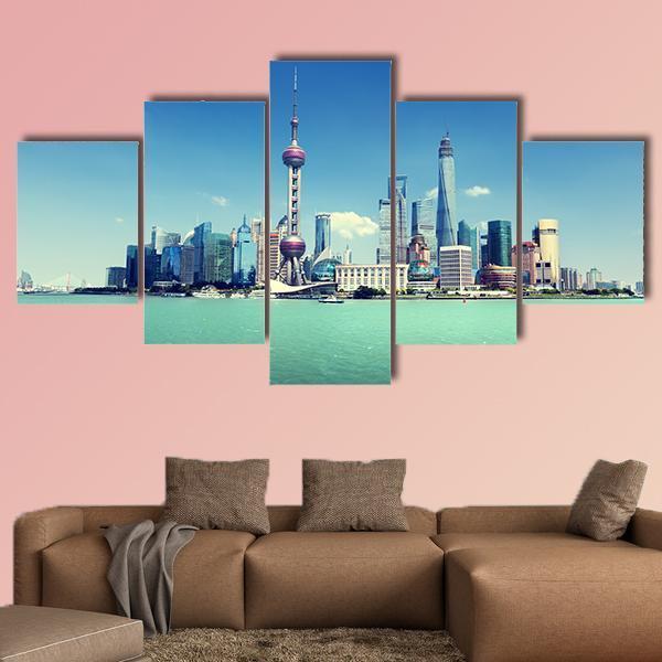 Shanghai Skyline And Sunny Day Canvas Wall Art-5 Star-Gallery Wrap-62&quot; x 32&quot;-Tiaracle
