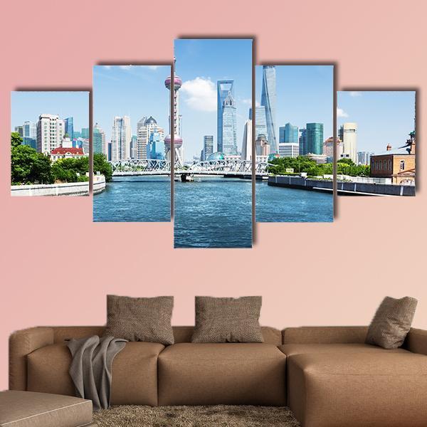 Shanghai Skyline In Sunny Day Canvas Wall Art-5 Star-Gallery Wrap-62" x 32"-Tiaracle