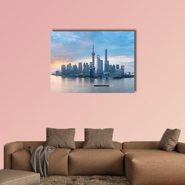 Shanghai Lujiazui Skyline at Sunrise Canvas Wall Art in gray, orange and blue, single panel hung on a wall