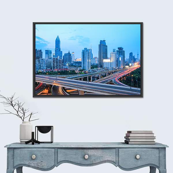Shanghai Skyline With Highway Traffic At Dusk Canvas Wall Art-1 Piece-Floating Frame-24" x 16"-Tiaracle