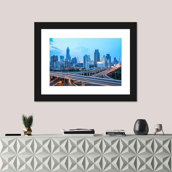 Shanghai Skyline With Highway Traffic At Dusk Canvas Wall Art-1 Piece-Framed Print-20" x 16"-Tiaracle