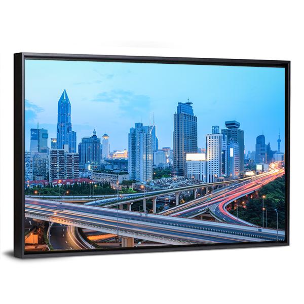 Shanghai Skyline With Highway Traffic At Dusk Canvas Wall Art-3 Horizontal-Gallery Wrap-25" x 16"-Tiaracle