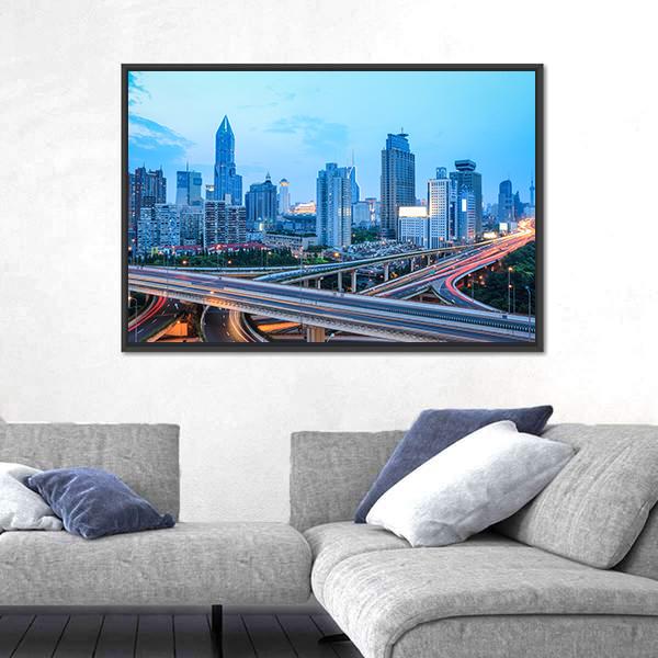 Shanghai Skyline With Highway Traffic At Dusk Canvas Wall Art-3 Horizontal-Gallery Wrap-25" x 16"-Tiaracle