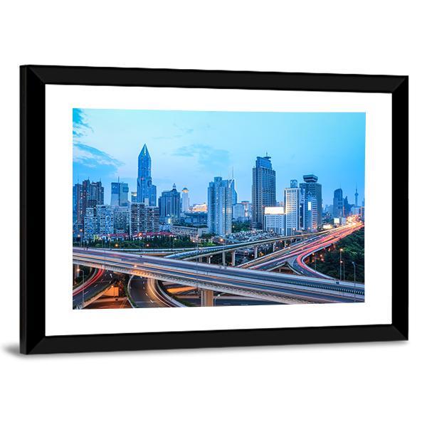 Shanghai Skyline With Highway Traffic At Dusk Canvas Wall Art-3 Horizontal-Gallery Wrap-25" x 16"-Tiaracle