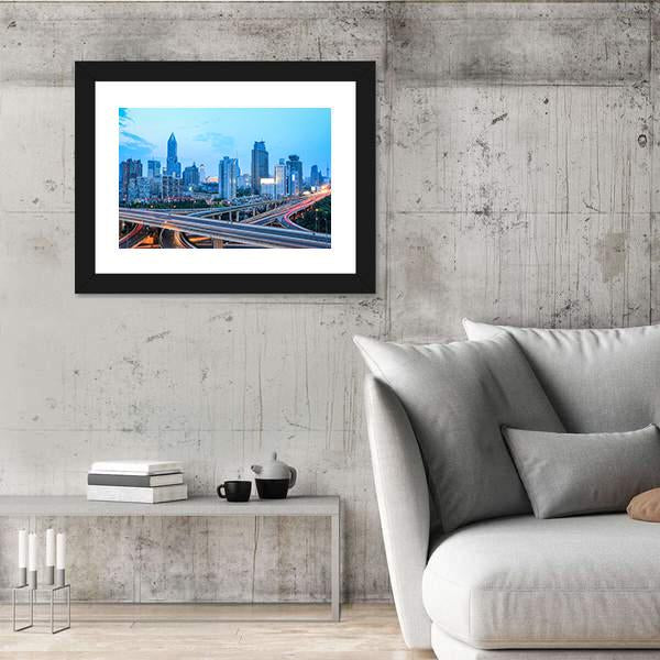 Shanghai Skyline With Highway Traffic At Dusk Canvas Wall Art-3 Horizontal-Gallery Wrap-25" x 16"-Tiaracle