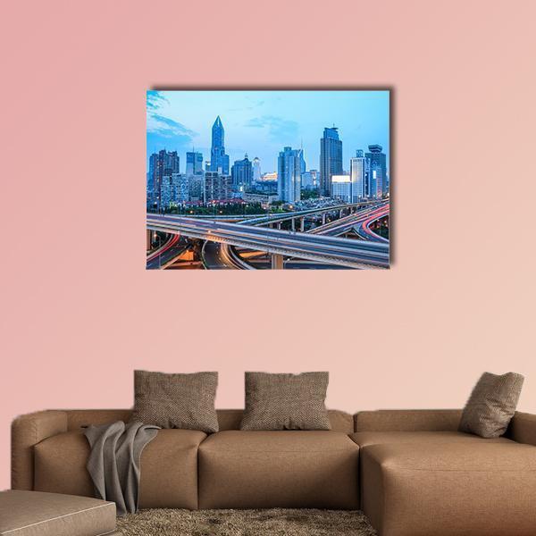Shanghai Skyline With Highway Traffic At Dusk Canvas Wall Art-4 Pop-Gallery Wrap-50" x 32"-Tiaracle