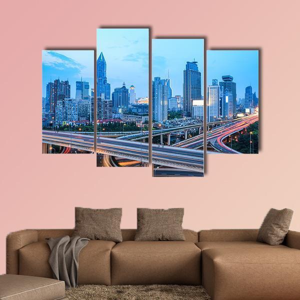 Shanghai Skyline With Highway Traffic At Dusk Canvas Wall Art-4 Pop-Gallery Wrap-50" x 32"-Tiaracle