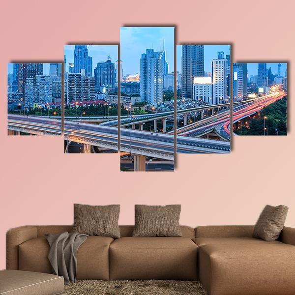 Shanghai Skyline With Highway Traffic At Dusk Canvas Wall Art-5 Star-Gallery Wrap-62&quot; x 32&quot;-Tiaracle