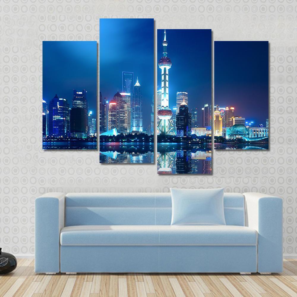 Shanghai Skyline With Reflection At Night Canvas Wall Art-4 Pop-Gallery Wrap-50&quot; x 32&quot;-Tiaracle