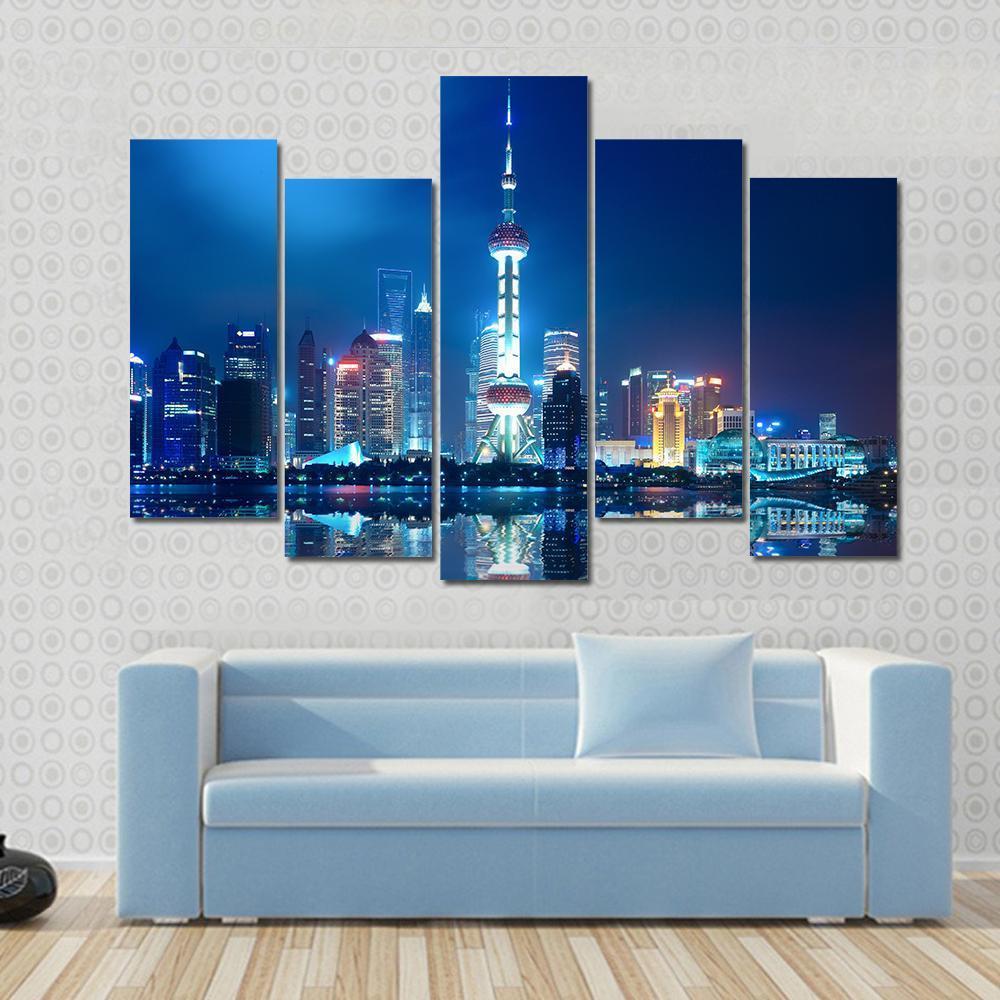Shanghai Skyline With Reflection At Night Canvas Wall Art-5 Pop-Gallery Wrap-47&quot; x 32&quot;-Tiaracle