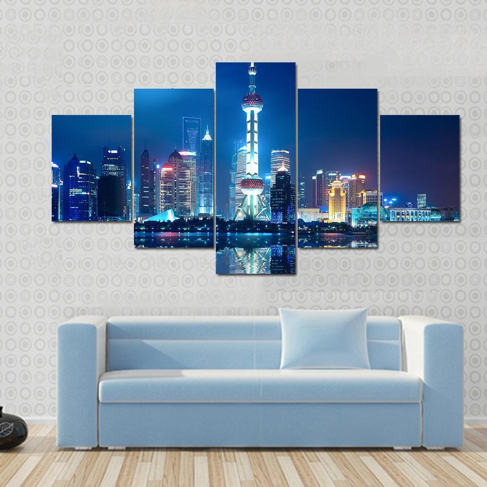 Shanghai Skyline With Reflection At Night Canvas Wall Art-5 Star-Gallery Wrap-62&quot; x 32&quot;-Tiaracle