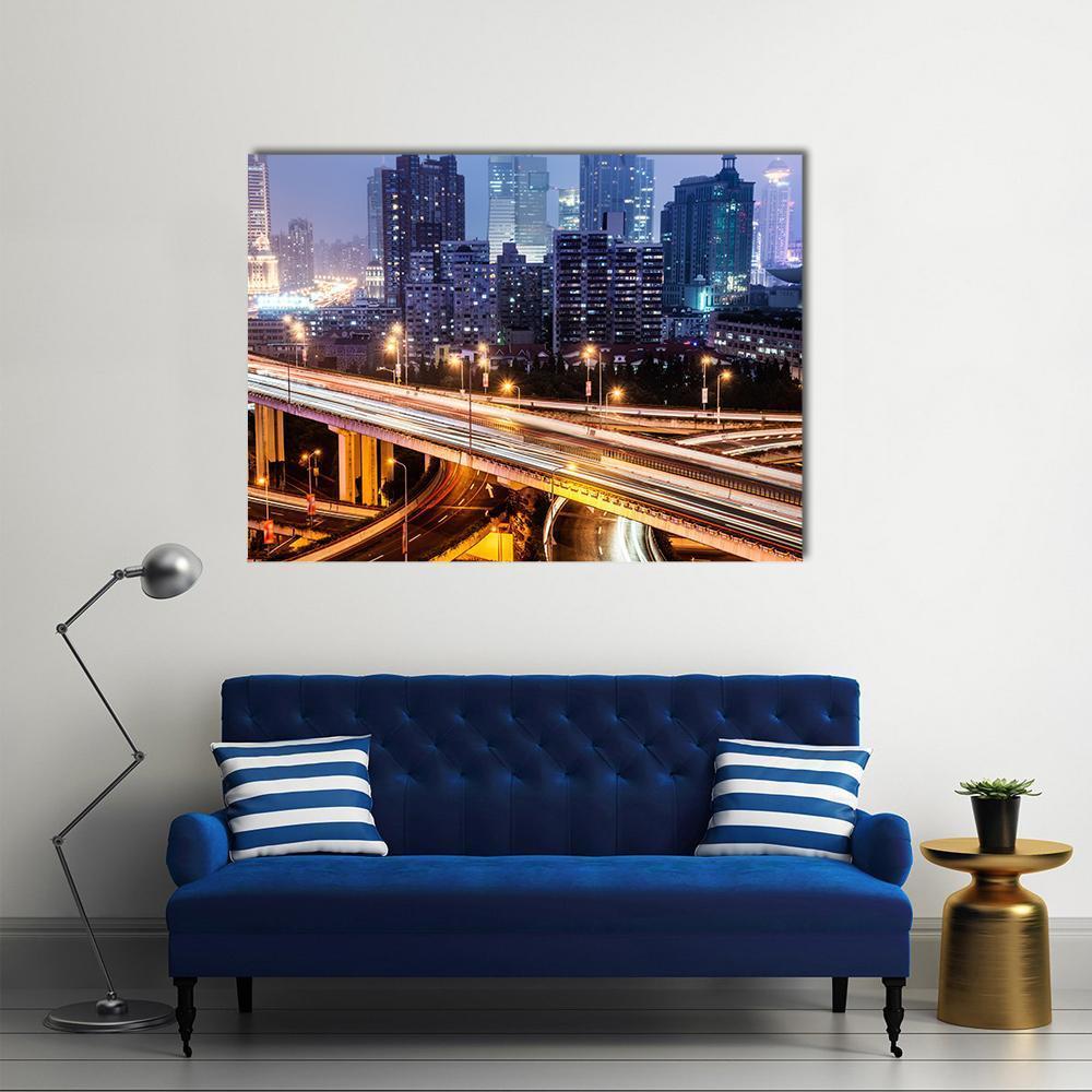 Shanghai Viaduct At Night Canvas Wall Art-1 Piece-Gallery Wrap-48&quot; x 32&quot;-Tiaracle