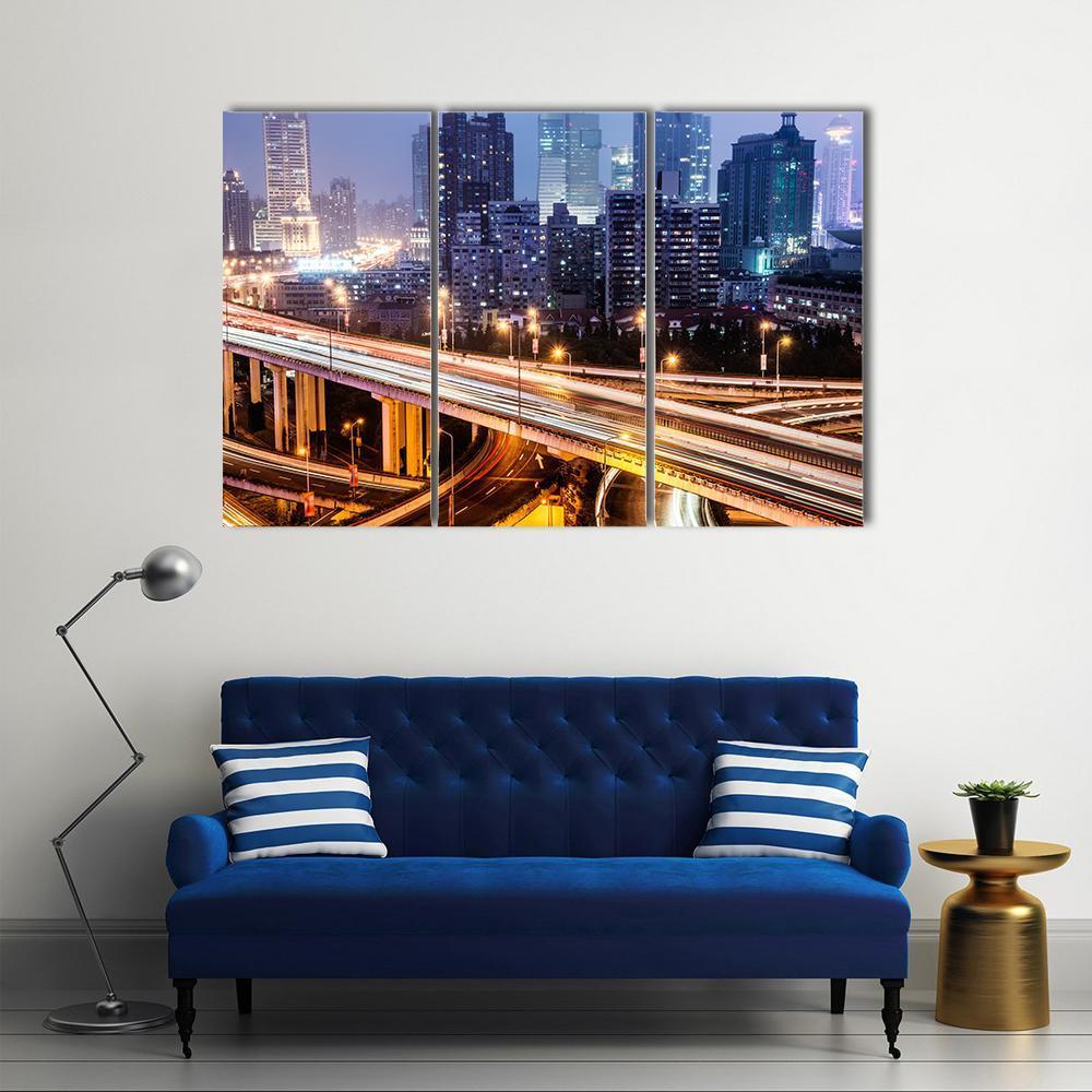 Shanghai Viaduct At Night Canvas Wall Art-1 Piece-Gallery Wrap-48" x 32"-Tiaracle