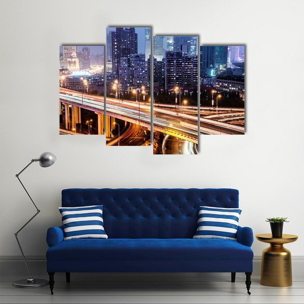 Shanghai Viaduct At Night Canvas Wall Art-4 Pop-Gallery Wrap-50&quot; x 32&quot;-Tiaracle