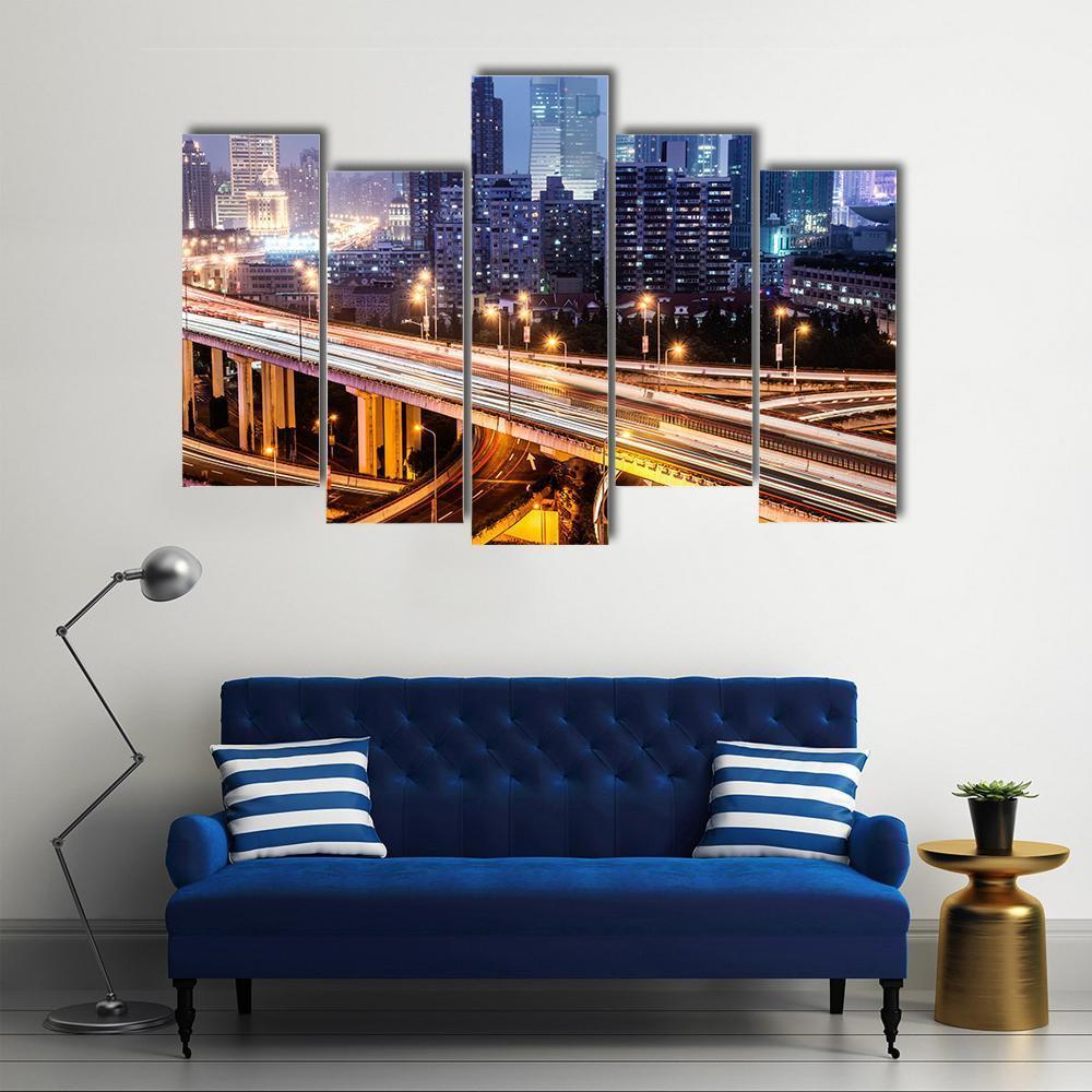 Shanghai Viaduct At Night Canvas Wall Art-5 Pop-Gallery Wrap-47&quot; x 32&quot;-Tiaracle