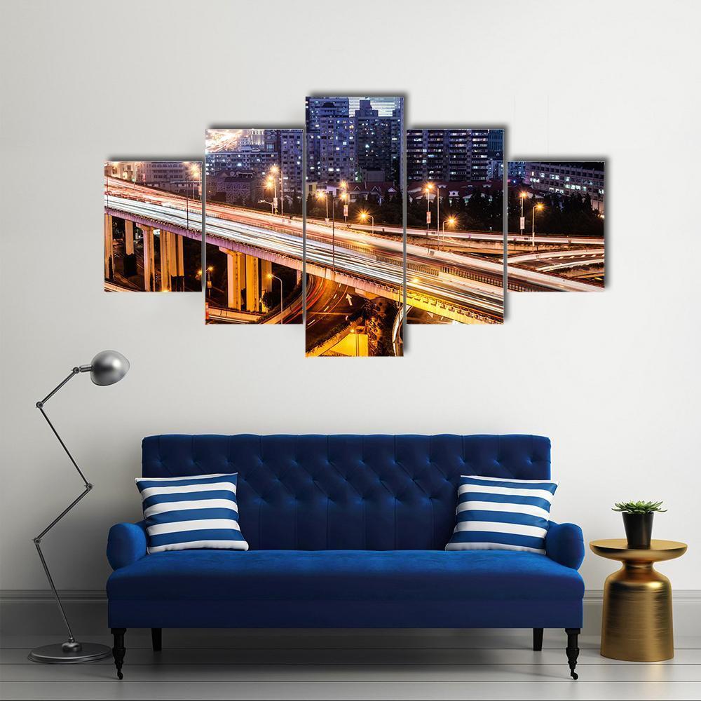 Shanghai Viaduct At Night Canvas Wall Art-5 Star-Gallery Wrap-62&quot; x 32&quot;-Tiaracle
