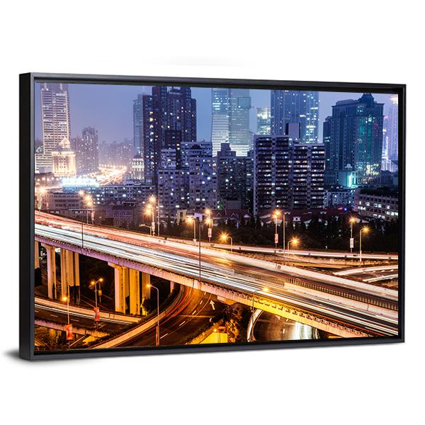Shanghai Viaduct At Night Canvas Wall Art-3 Horizontal-Gallery Wrap-25&quot; x 16&quot;-Tiaracle