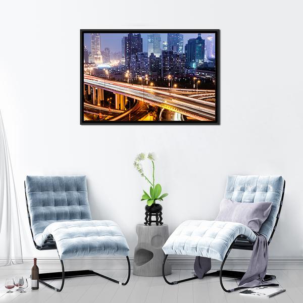 Shanghai Viaduct At Night Canvas Wall Art-1 Piece-Floating Frame-24&quot; x 16&quot;-Tiaracle