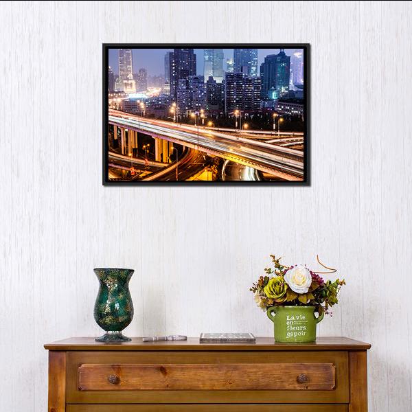 Shanghai Viaduct At Night Canvas Wall Art-3 Horizontal-Gallery Wrap-25&quot; x 16&quot;-Tiaracle