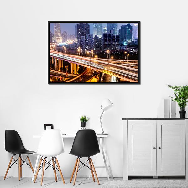 Shanghai Viaduct At Night Canvas Wall Art-3 Horizontal-Gallery Wrap-25&quot; x 16&quot;-Tiaracle