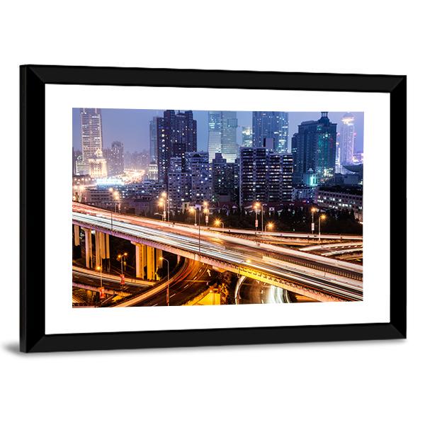 Shanghai Viaduct At Night Canvas Wall Art-3 Horizontal-Gallery Wrap-25&quot; x 16&quot;-Tiaracle