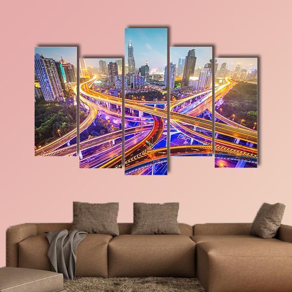 Shanghai View Over Highways Canvas Wall Art-5 Pop-Gallery Wrap-47" x 32"-Tiaracle