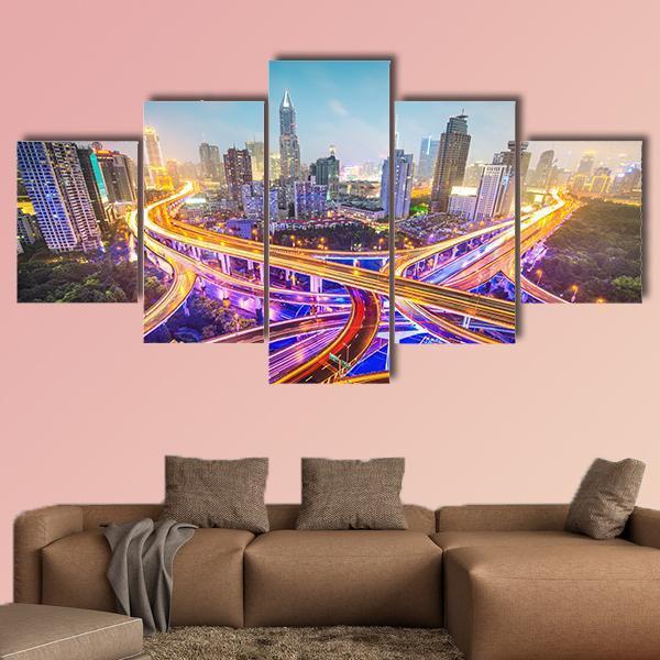 Shanghai View Over Highways Canvas Wall Art-5 Star-Gallery Wrap-62&quot; x 32&quot;-Tiaracle