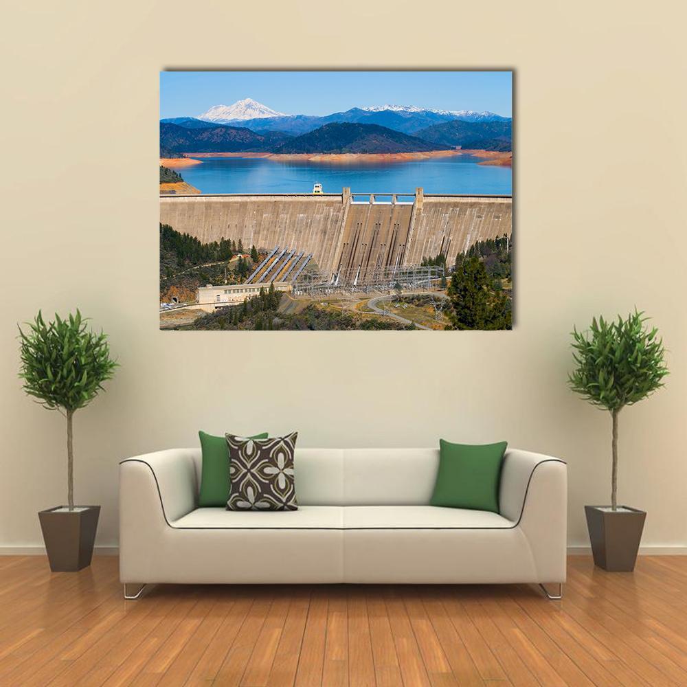 Shasta Dam Over Lake and Mountains Canvas Wall Art in gray, brown and blue, single panel hung on a wall
