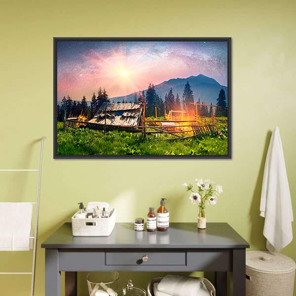 Mountain Cabin with Sheep Canvas Wall Art in green, purple and pink, framed canvas, product view on a white background