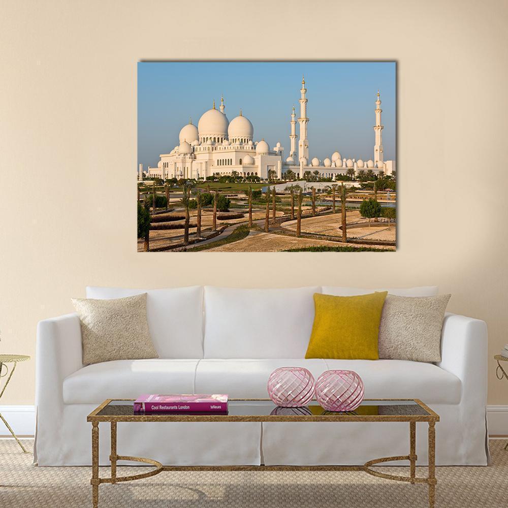 Sheikh Zayed Grand Mosque White Domes Canvas Wall Art in white, beige and blue, single panel hung on a wall