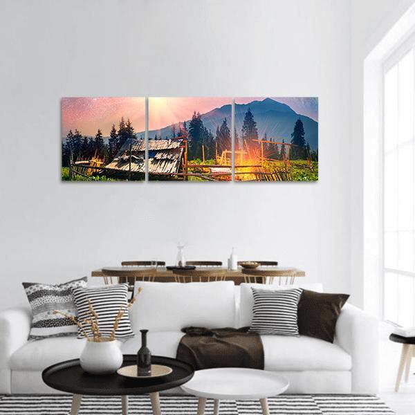 Sheep Home On Mountain Panoramic Canvas Wall Art-3 Piece-25" x 08"-Tiaracle