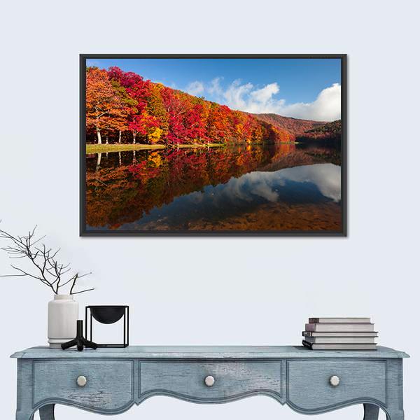 Sherando Lake In Autumn Canvas Wall Art-1 Piece-Floating Frame-24" x 16"-Tiaracle
