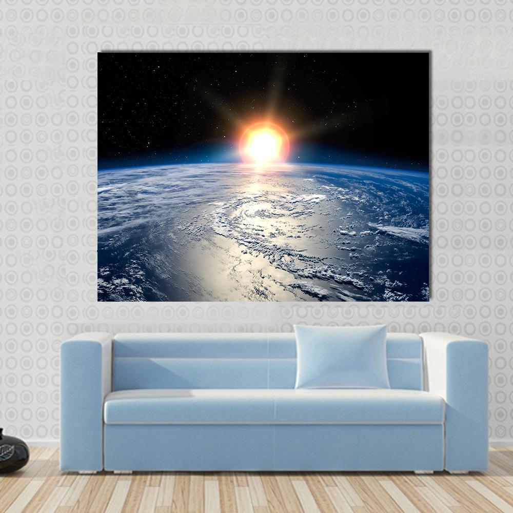Shining Sun on Planet Earth Canvas Wall Art in black, white and blue, single panel hung on a wall