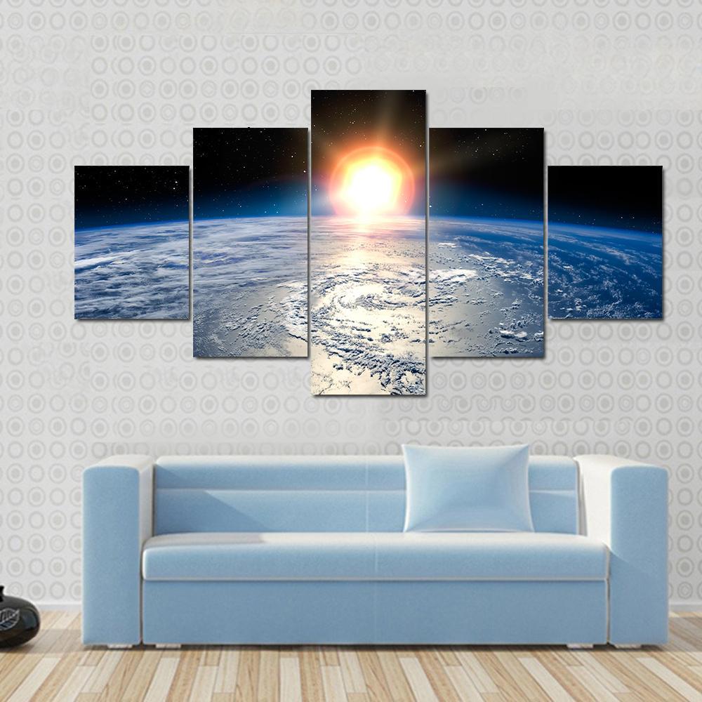 Shining Sun On Planet Earth Canvas Wall Art-5 Star-Gallery Wrap-62" x 32"-Tiaracle