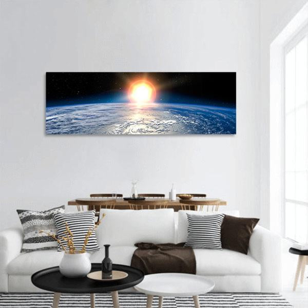 Shining Sun On Planet Earth Panoramic Canvas Wall Art-1 Piece-36" x 12"-Tiaracle