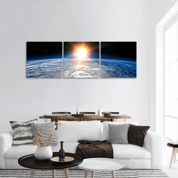 Shining Sun On Planet Earth Panoramic Canvas Wall Art-3 Piece-25" x 08"-Tiaracle