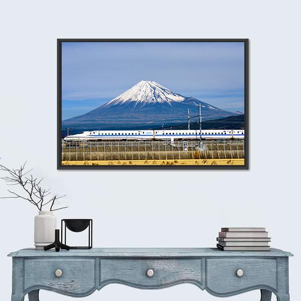 Shinkansen Bullet Train And Mt Fuji Canvas Wall Art-1 Piece-Floating Frame-24&quot; x 16&quot;-Tiaracle