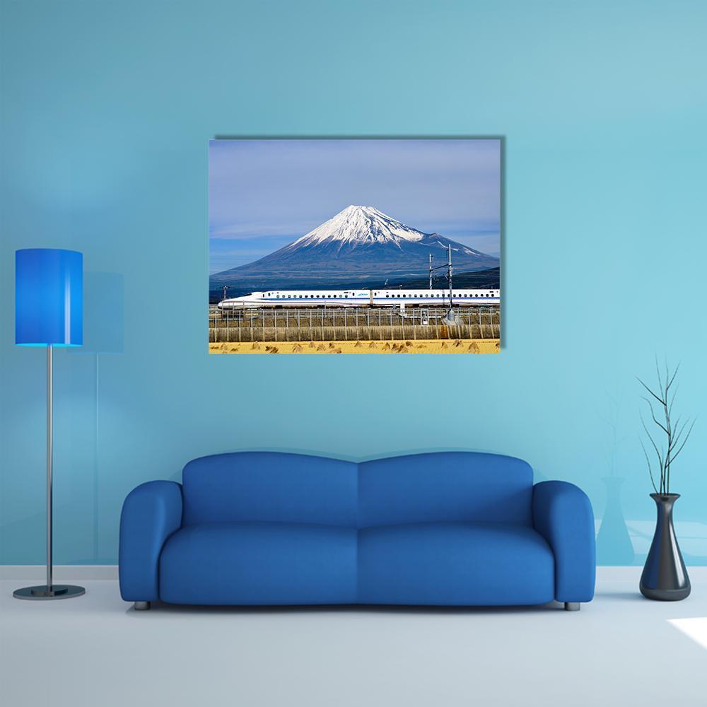Shinkansen and Mount Fuji Canvas Wall Art in white, gray and blue, single panel hung on a wall