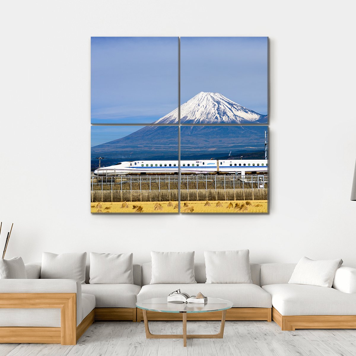 Shinkansen and Mount Fuji Canvas Wall Art in white, gray and blue, hung on a wall
