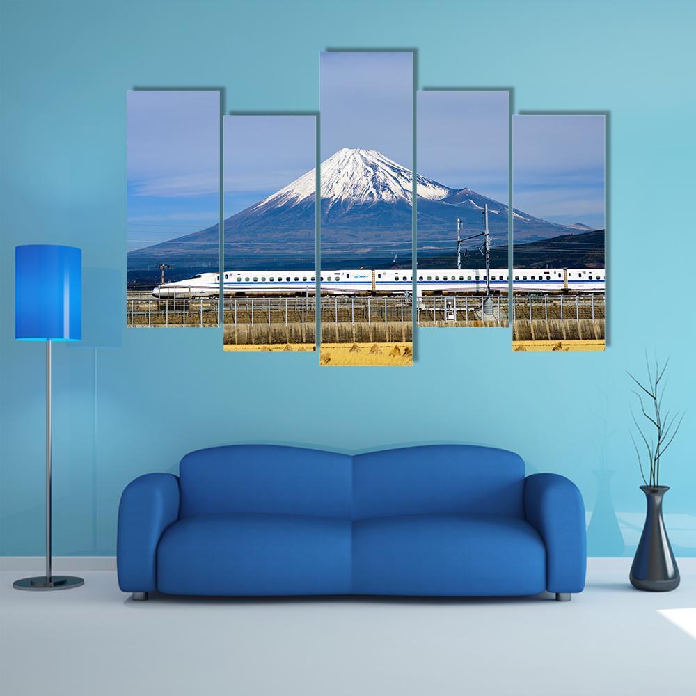 Shinkansen Bullet Train And Mt Fuji Canvas Wall Art-5 Pop-Gallery Wrap-47&quot; x 32&quot;-Tiaracle