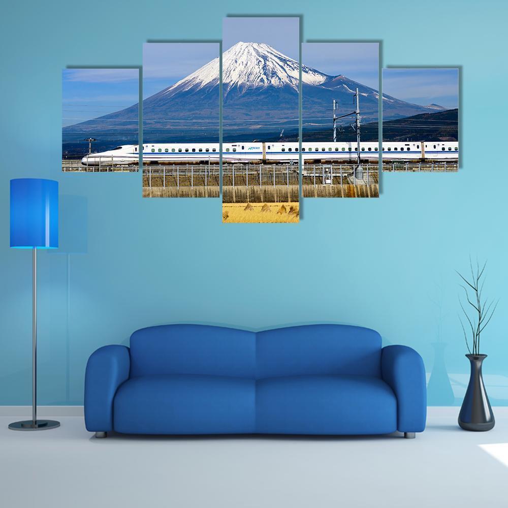 Shinkansen Bullet Train And Mt Fuji Canvas Wall Art-5 Star-Gallery Wrap-62&quot; x 32&quot;-Tiaracle