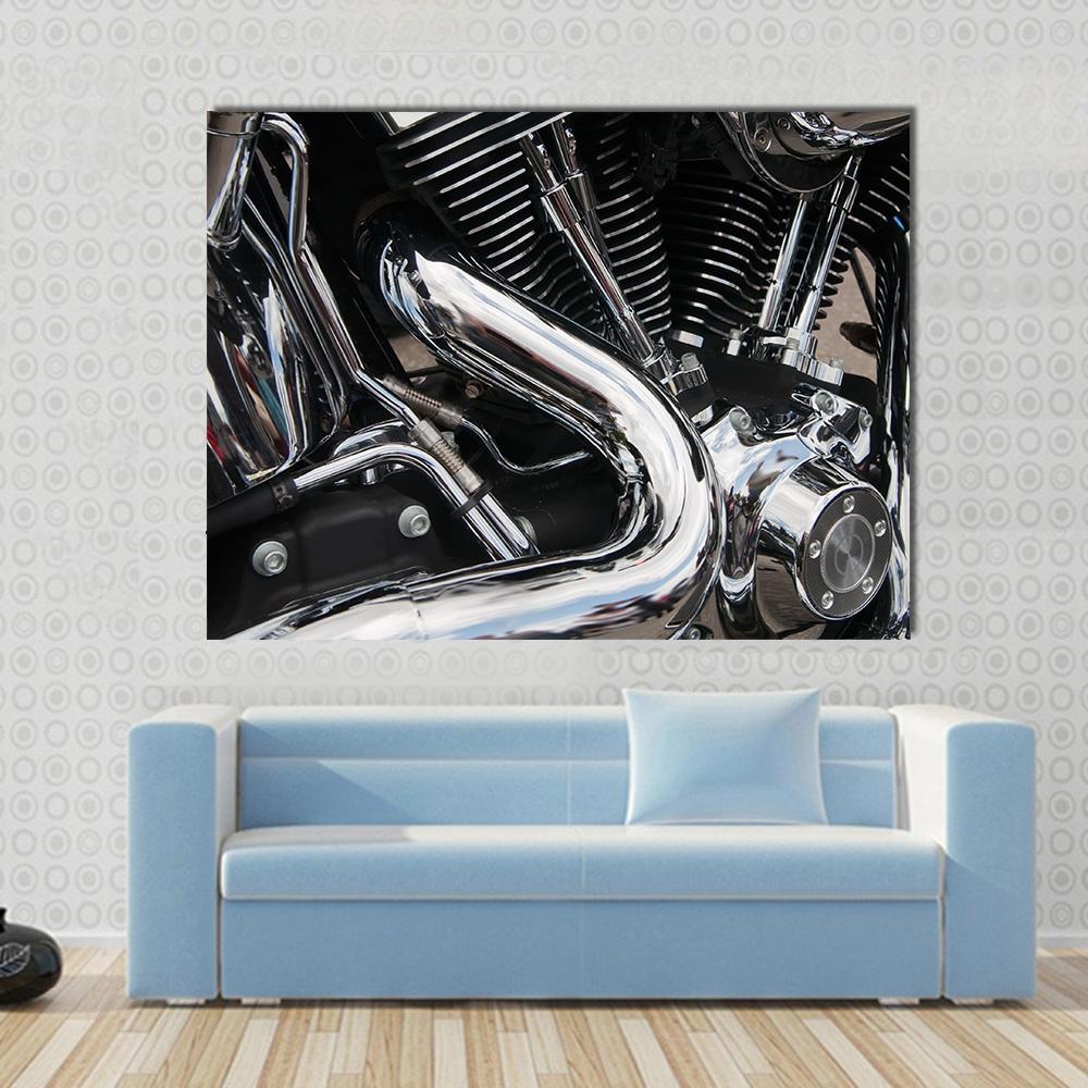 Shiny Motorcycle Engine Canvas Wall Art in black, gray and silver, single panel hung on a wall