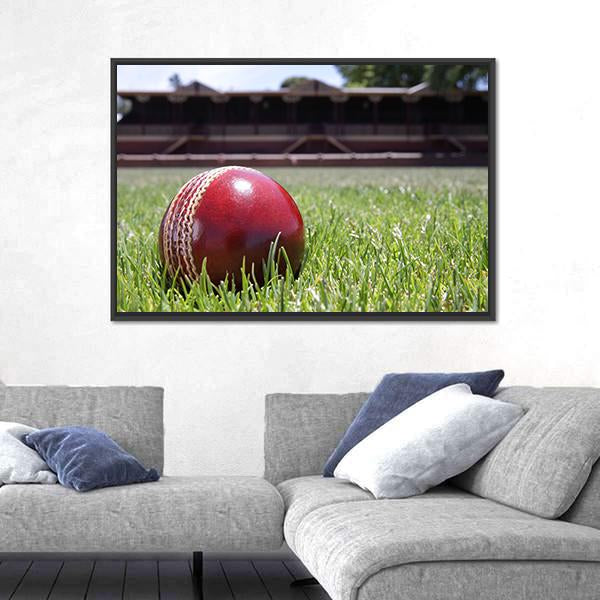 Shiny New Cricket Ball On Grass Canvas Wall Art-3 Horizontal-Gallery Wrap-25&quot; x 16&quot;-Tiaracle