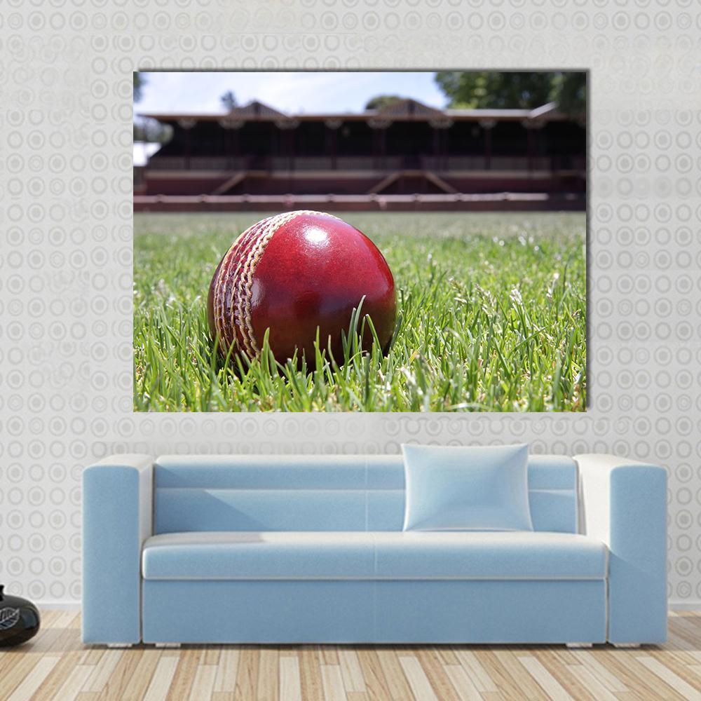 Cricket Ball on Grass Canvas Wall Art in brown, red and green, single panel hung on a wall