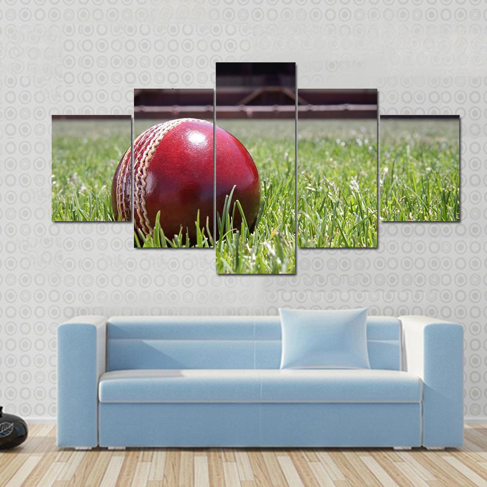 Shiny New Cricket Ball On Grass Canvas Wall Art-5 Star-Gallery Wrap-62&quot; x 32&quot;-Tiaracle