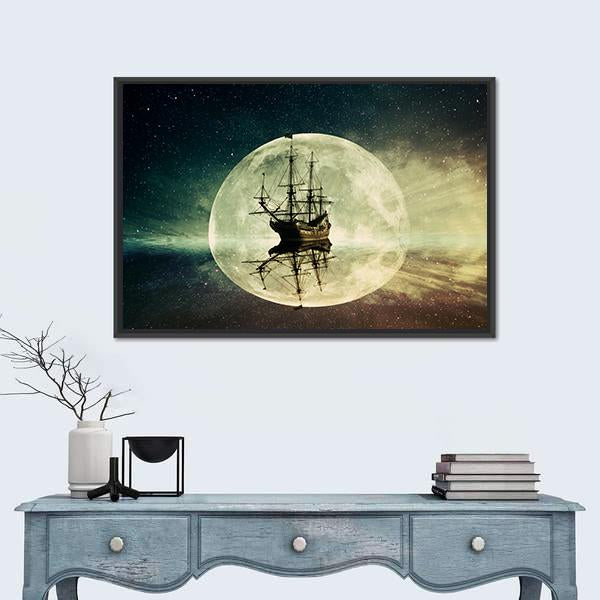 Ship In Moonlight Canvas Wall Art-1 Piece-Floating Frame-24" x 16"-Tiaracle