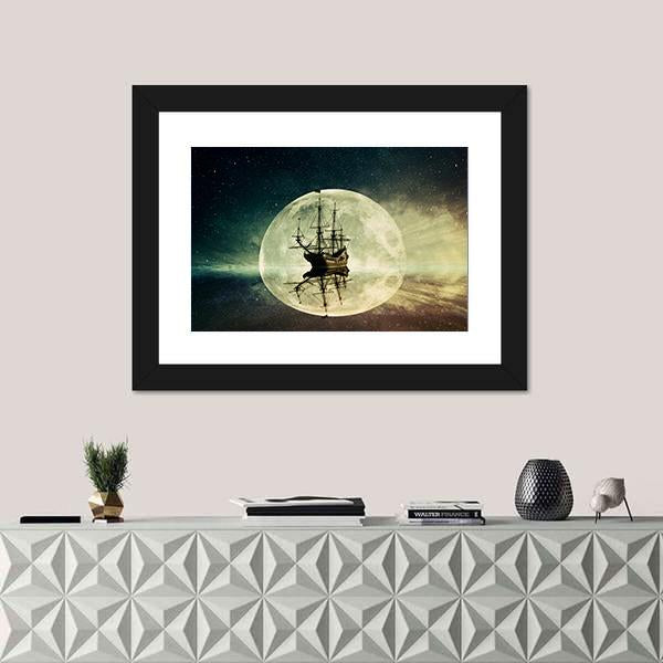 Ship In Moonlight Canvas Wall Art-1 Piece-Framed Print-20" x 16"-Tiaracle