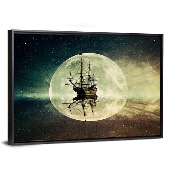 Ship In Moonlight Canvas Wall Art-3 Horizontal-Gallery Wrap-25" x 16"-Tiaracle