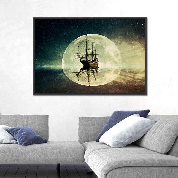 Ship In Moonlight Canvas Wall Art-3 Horizontal-Gallery Wrap-25" x 16"-Tiaracle